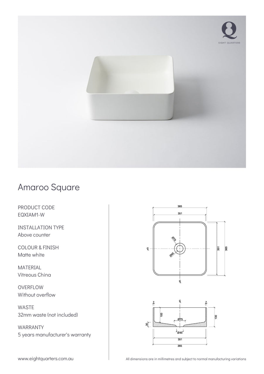 Eight Quarters Wash Basin - Amaroo Square White