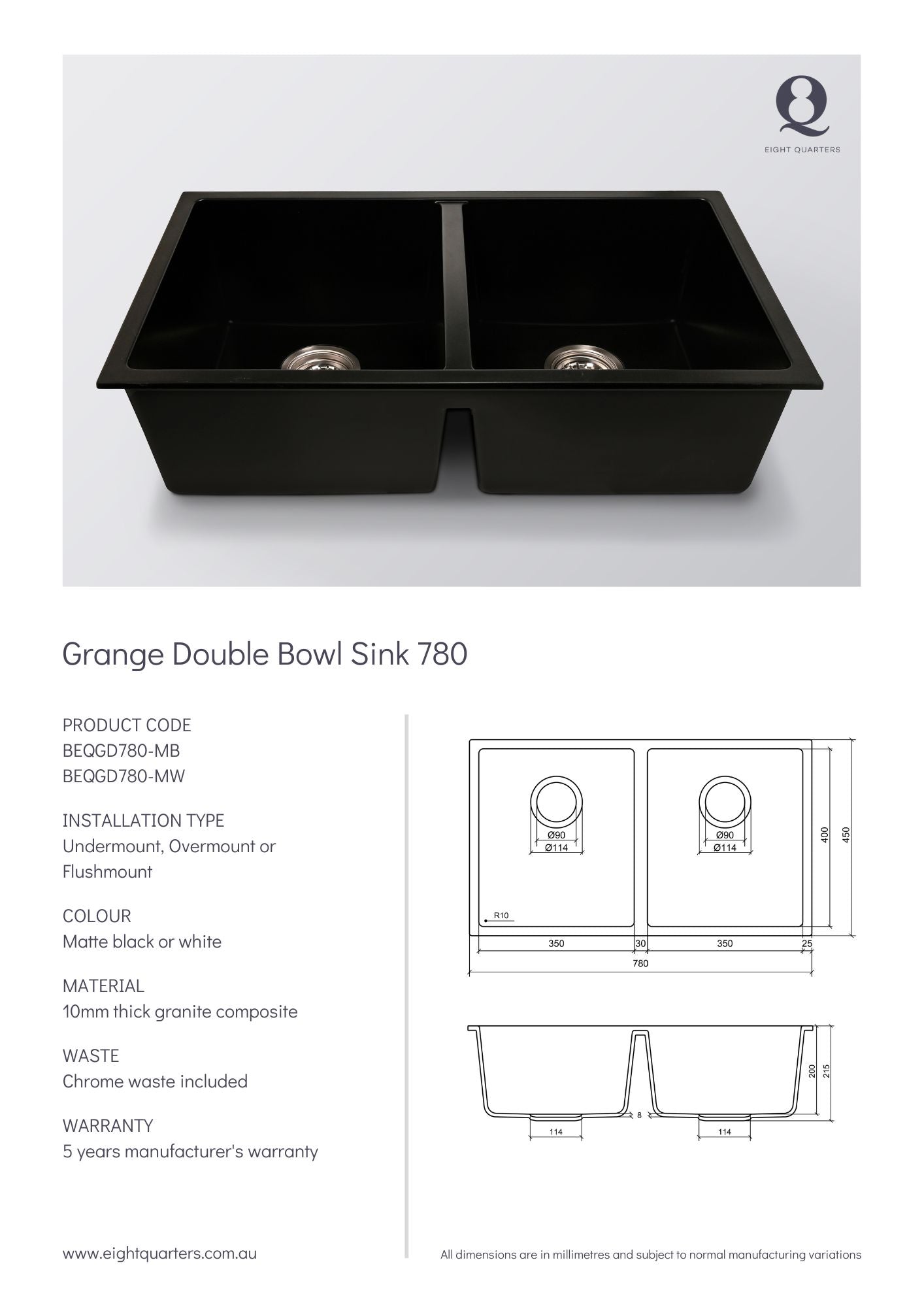 Eight Quarters Grange Double Bowl Sink 780 Spec Sheet