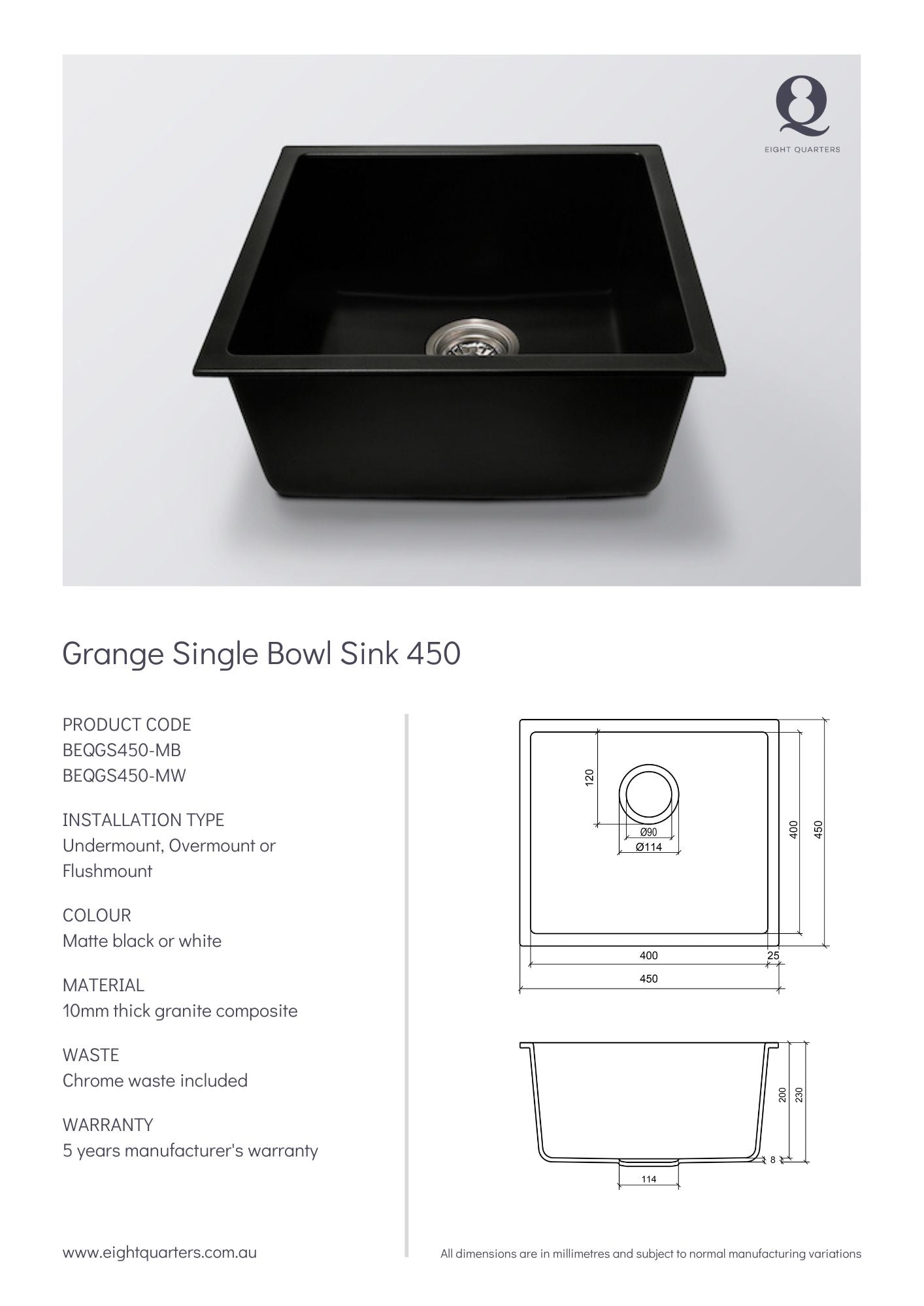 Eight Quarters Grange Single Bowl Sink 450 Spec Sheet