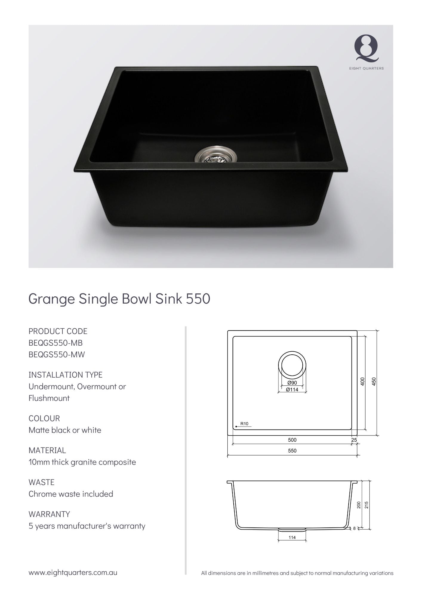 Eight Quarters Grange Single Bowl Sink 550 Spec Sheet