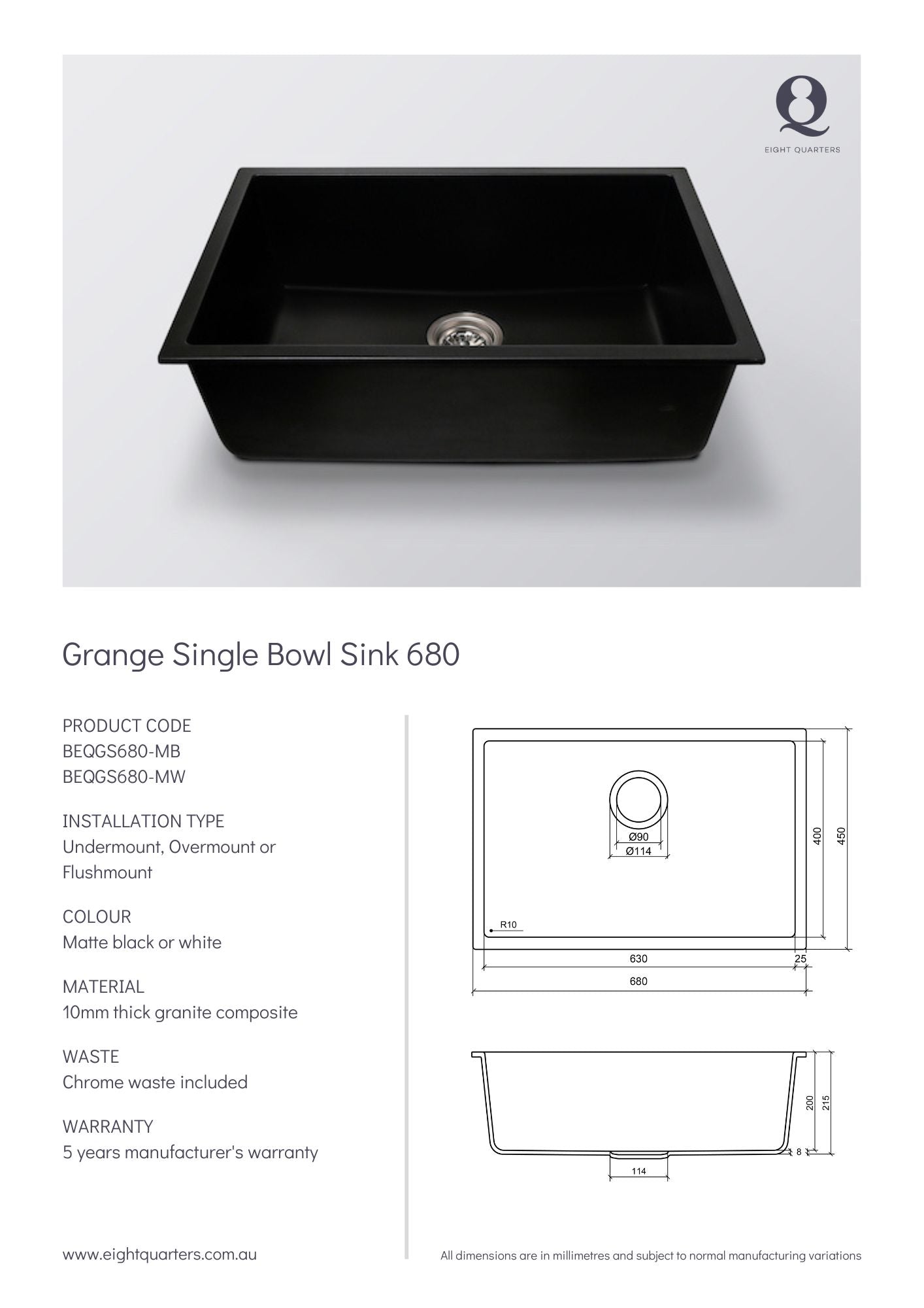 Eight Quarters Grange Single Bowl Sink 680 Spec Sheet