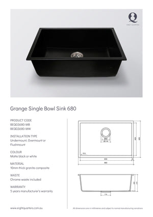 Eight Quarters Grange Single Bowl Sink 680 Spec Sheet