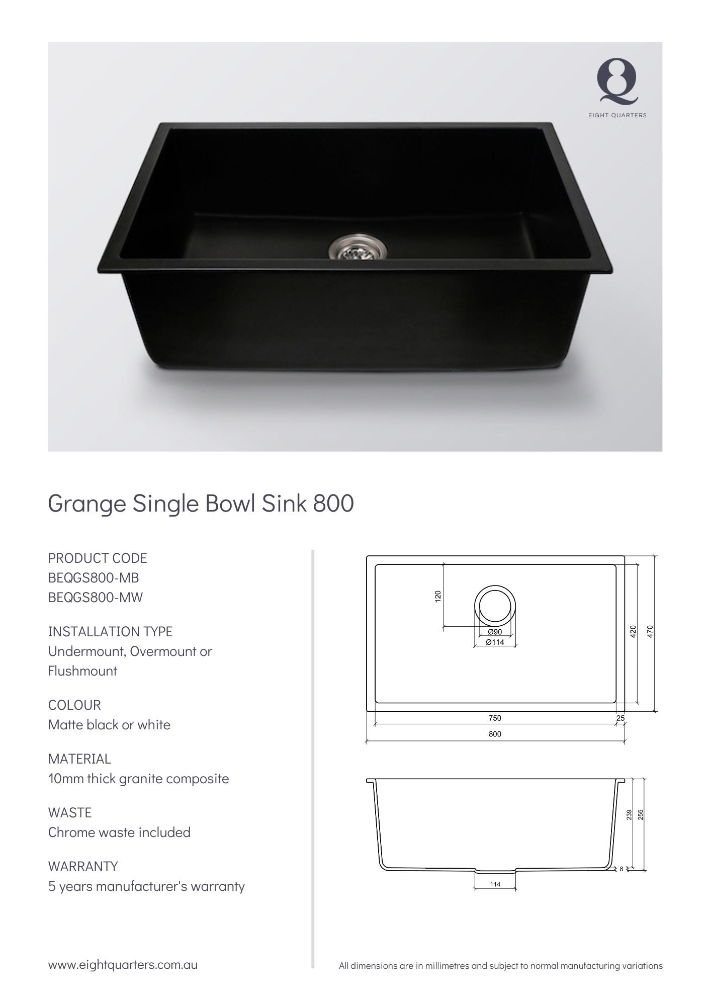 Eight Quarters Grange Single Bowl Sink 800 Spec Sheet