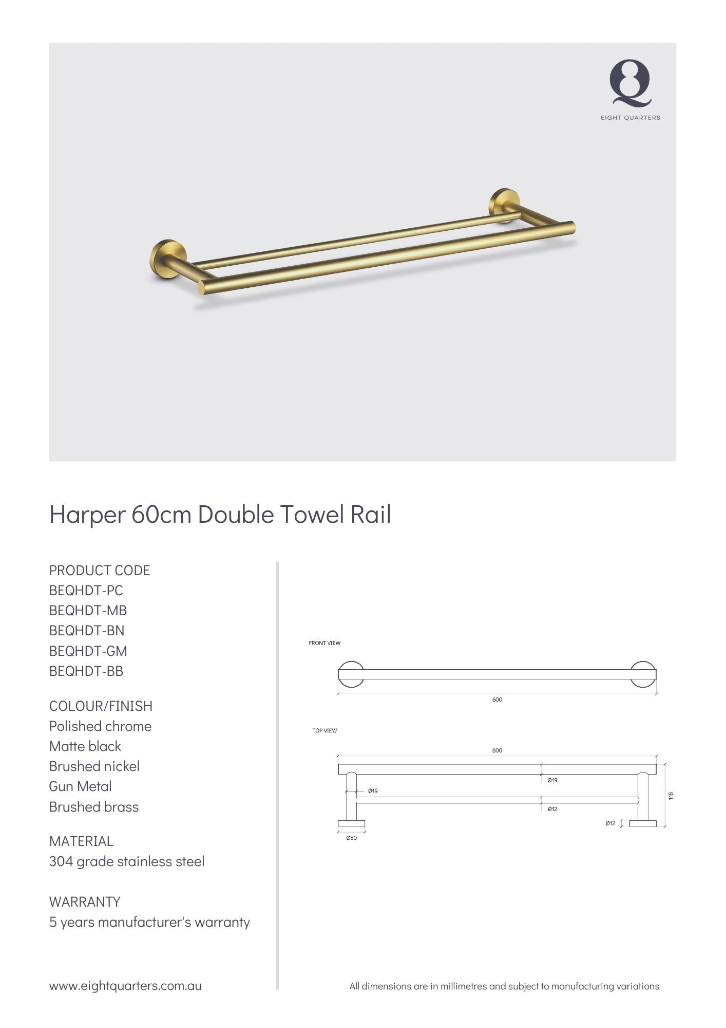 Eight Quarters Harper 60cm Double Towel Rail Spec Sheet