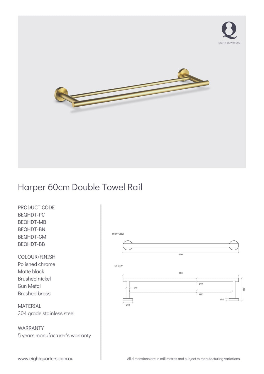 Eight Quarters Harper 60cm Double Towel Rail - Chrome