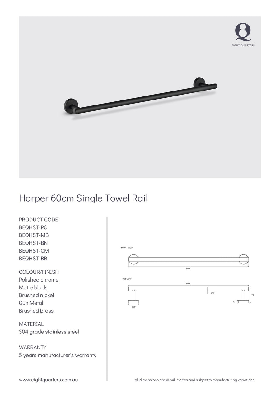 Eight Quarters Harper 60cm Single Towel Rail - Chrome