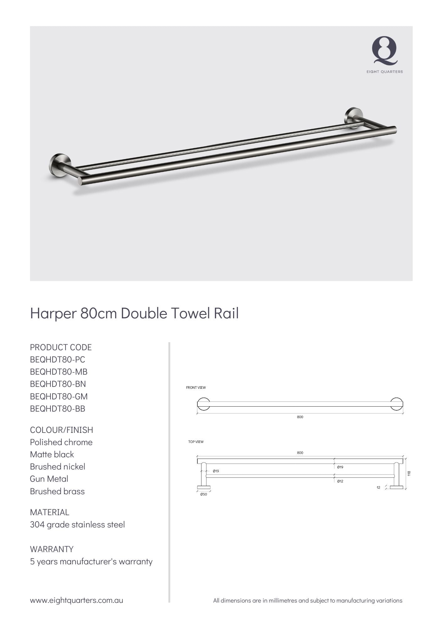 Eight Quarters Harper 80cm Double Towel Rail Spec Sheet