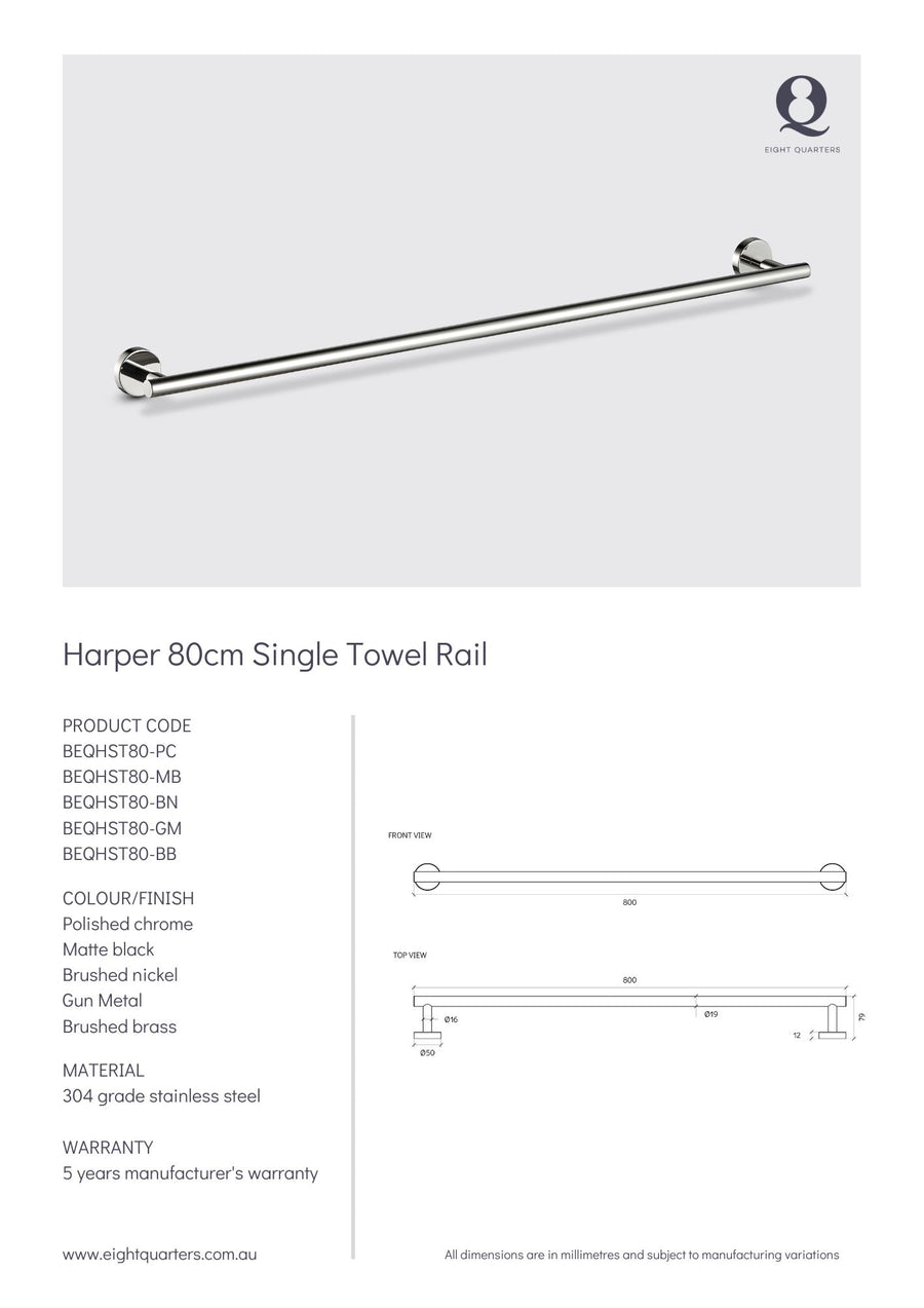 Eight Quarters Harper 80cm Single Towel Rail - Chrome