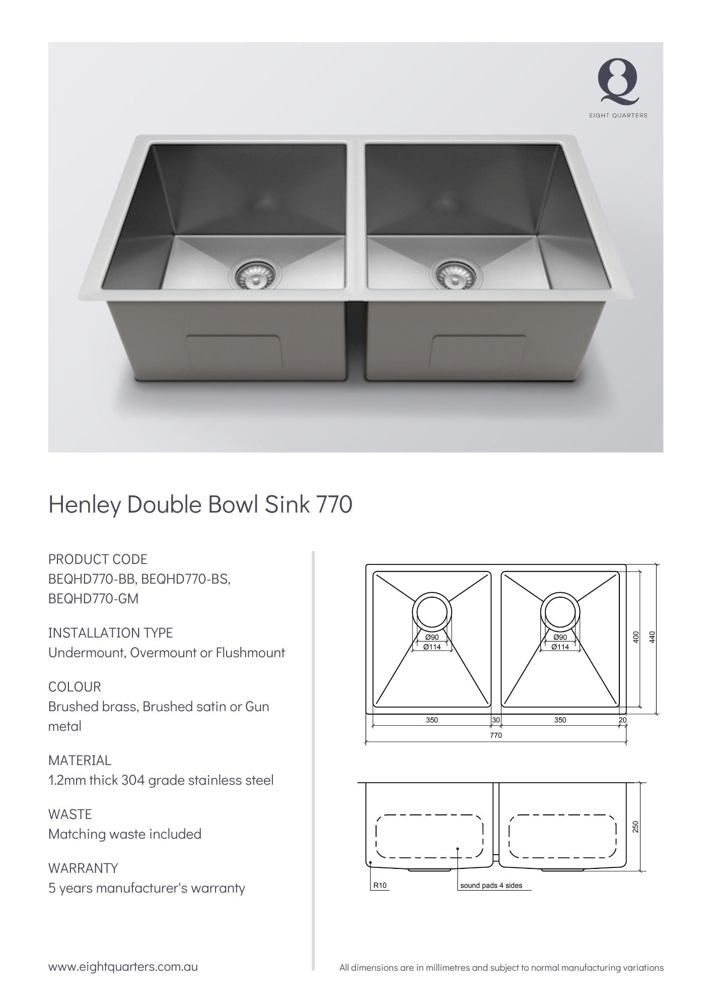 Eight Quarters Henley Double Bowl Sink 770 Spec Sheet