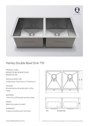 Eight Quarters Henley Double Bowl Sink 770 Spec Sheet