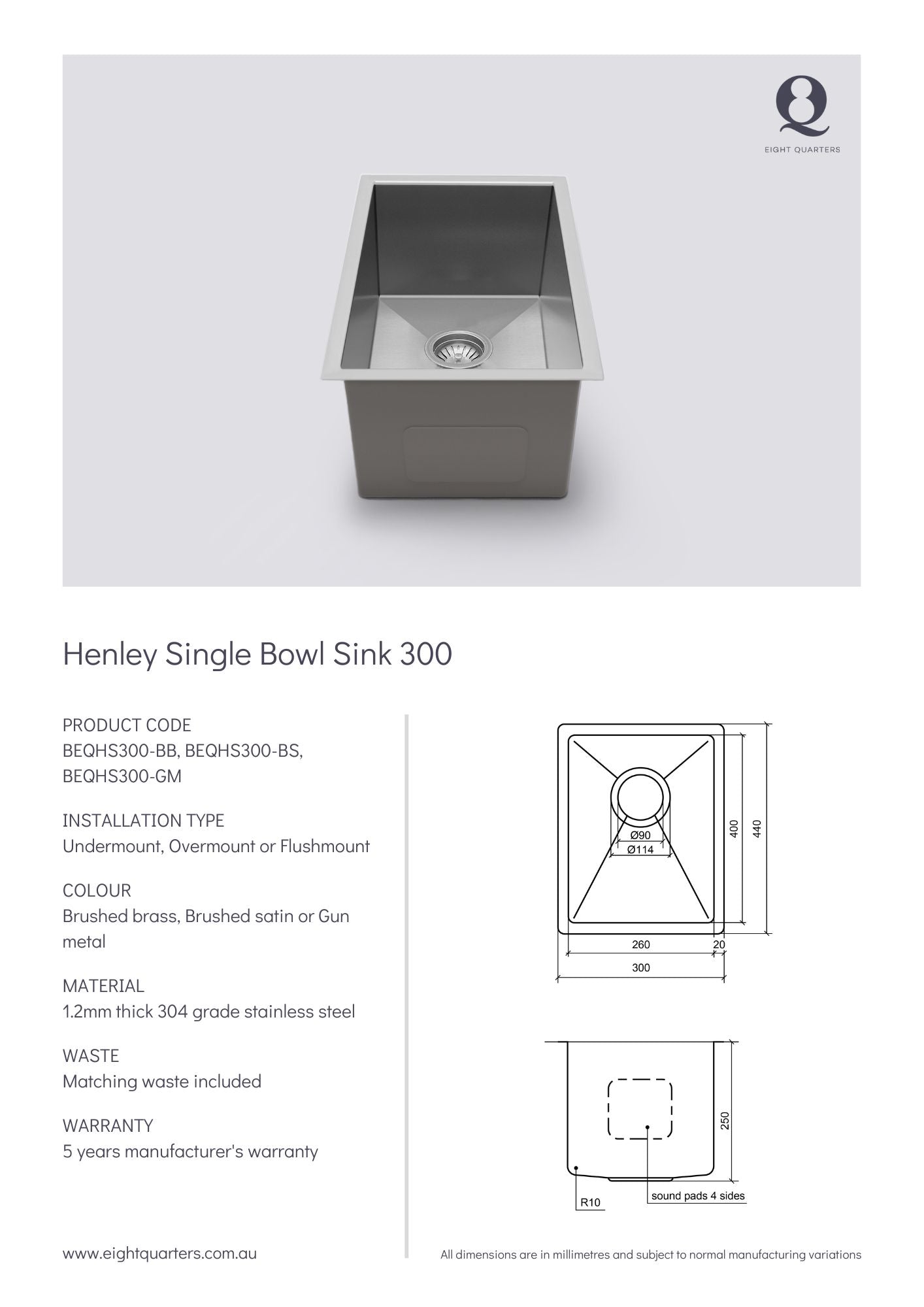 Eight Quarters Henley Single Bowl Sink 300 Spec Sheet