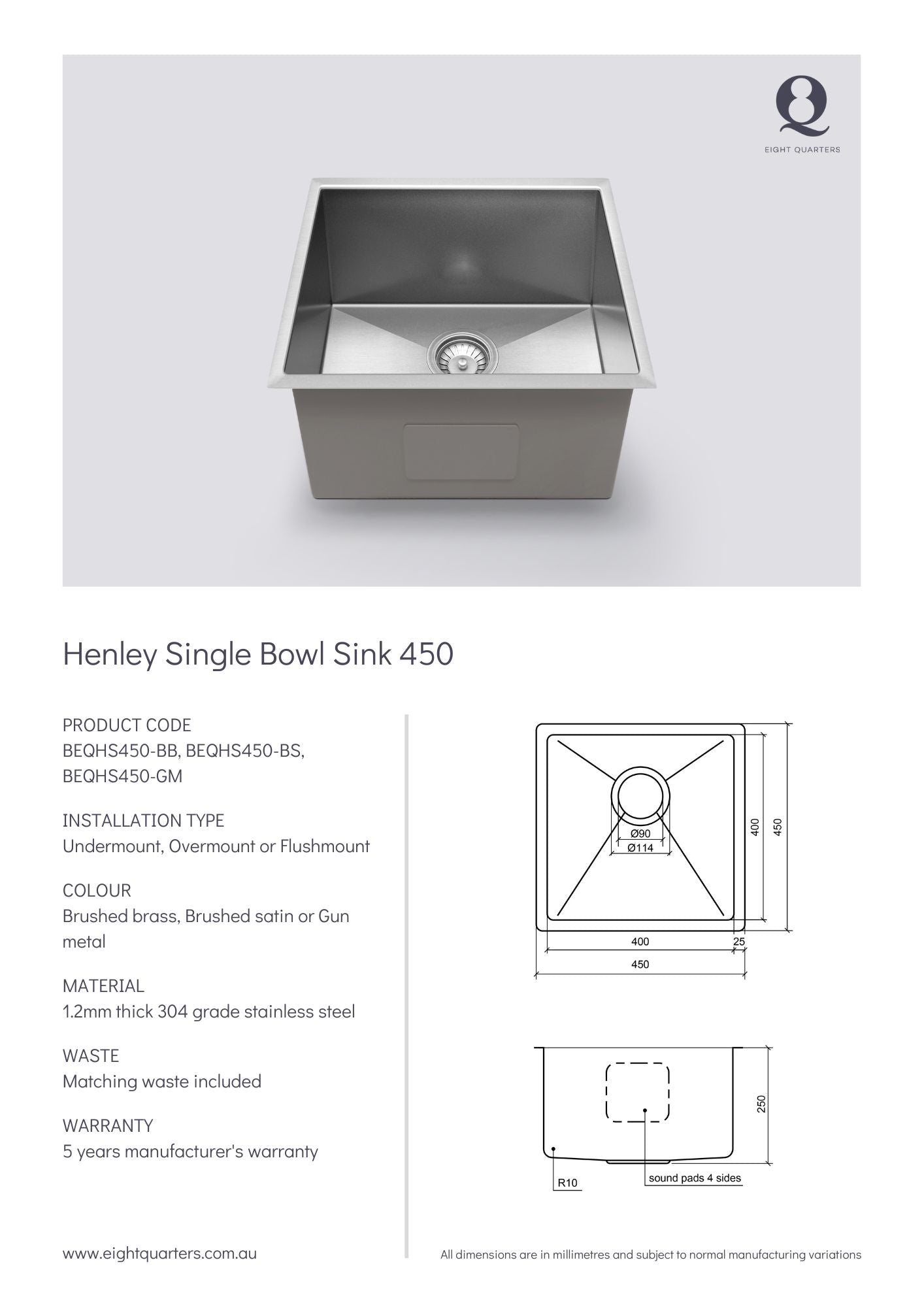 Eight Quarters Henley Single Bowl Sink 450 Spec Sheet