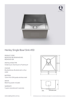 Eight Quarters Henley Single Bowl Sink 450 Spec Sheet