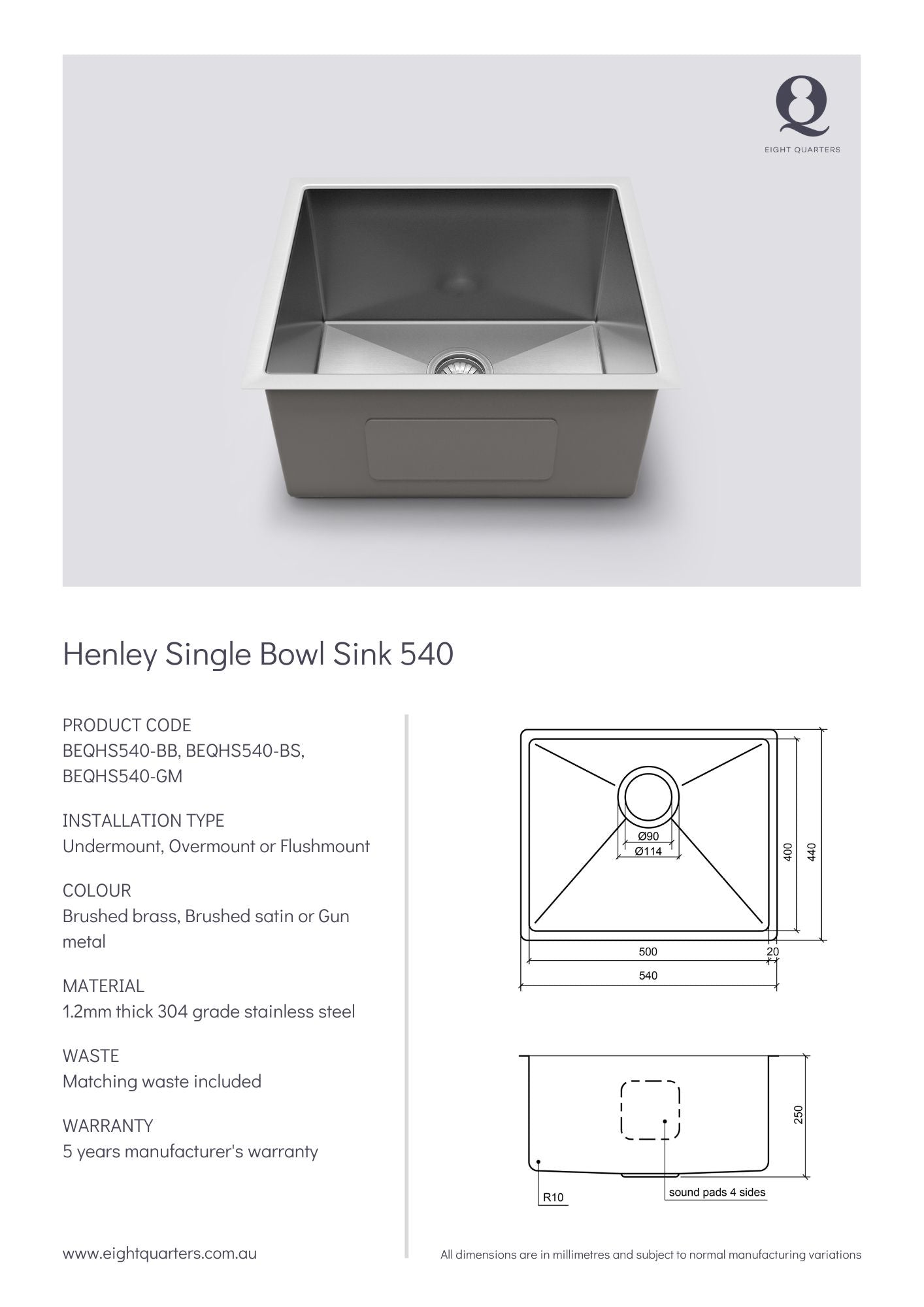 Eight Quarters Henley Single Bowl Sink 540 Spec Sheet