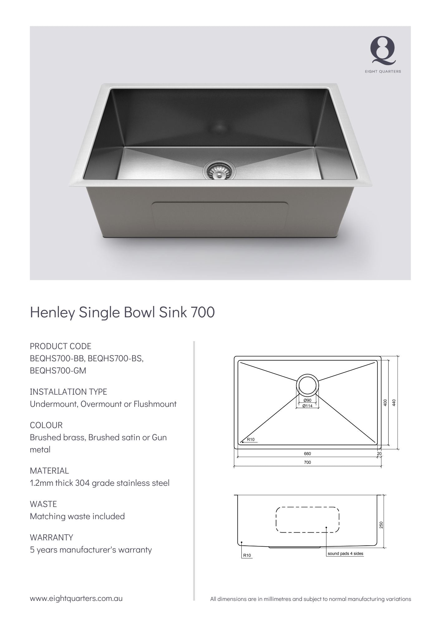 Eight Quarters Henley Single Bowl Sink 700 Spec Sheet
