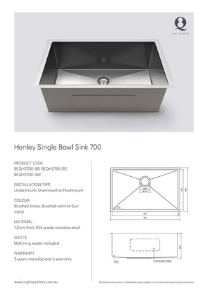 Eight Quarters Henley Single Bowl Sink 700 Spec Sheet