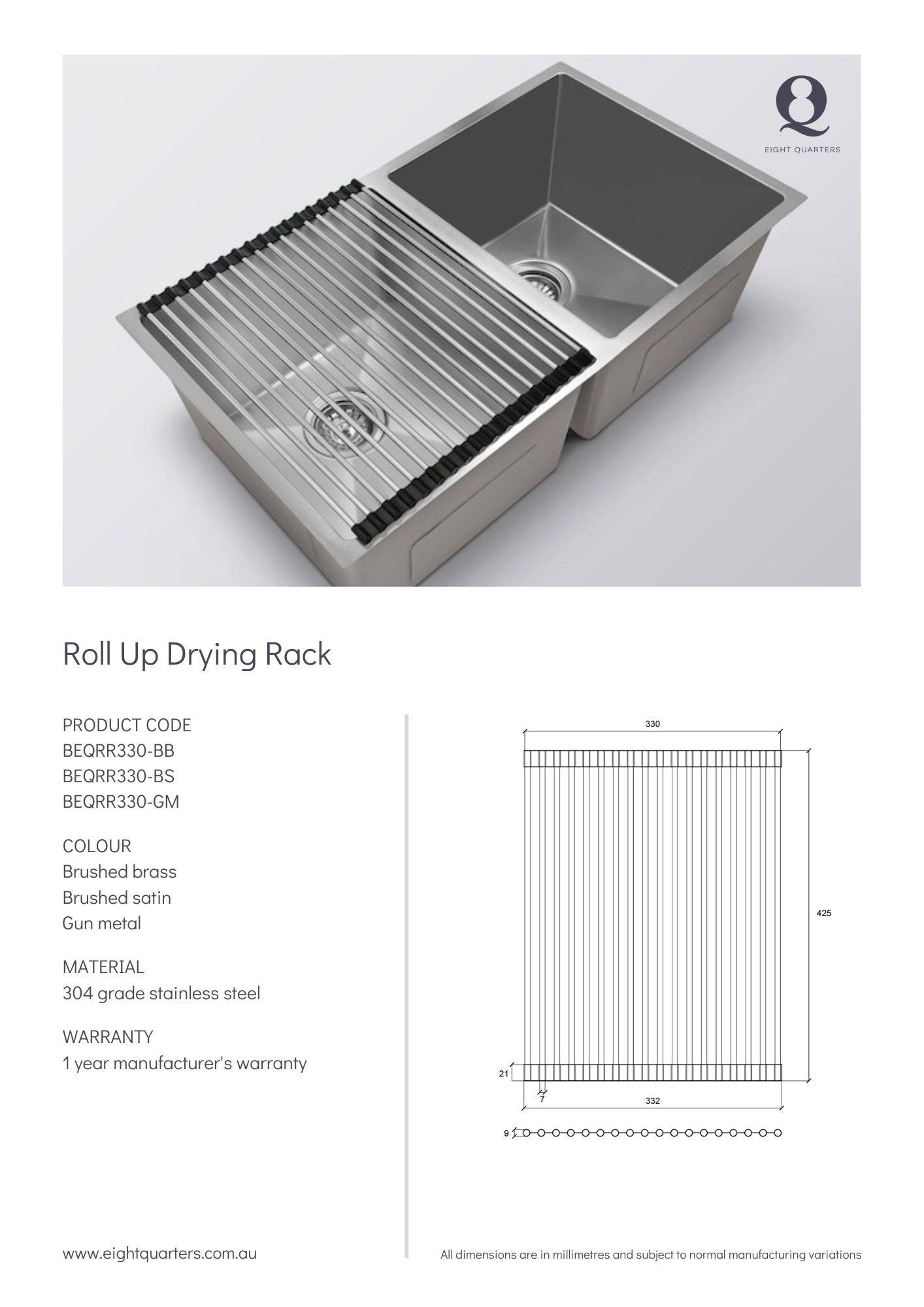 Eight Quarters Roll Up Drying Rack - Brushed Satin Spec Sheet