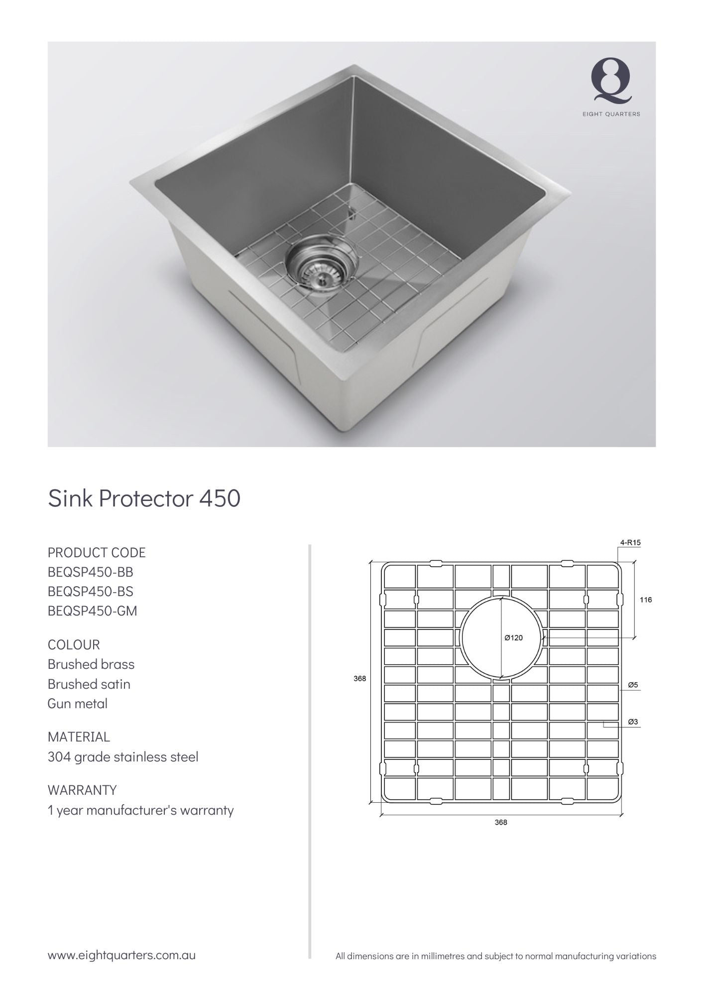 Eight Quarters  Sink Protector 450 - Spec Sheet