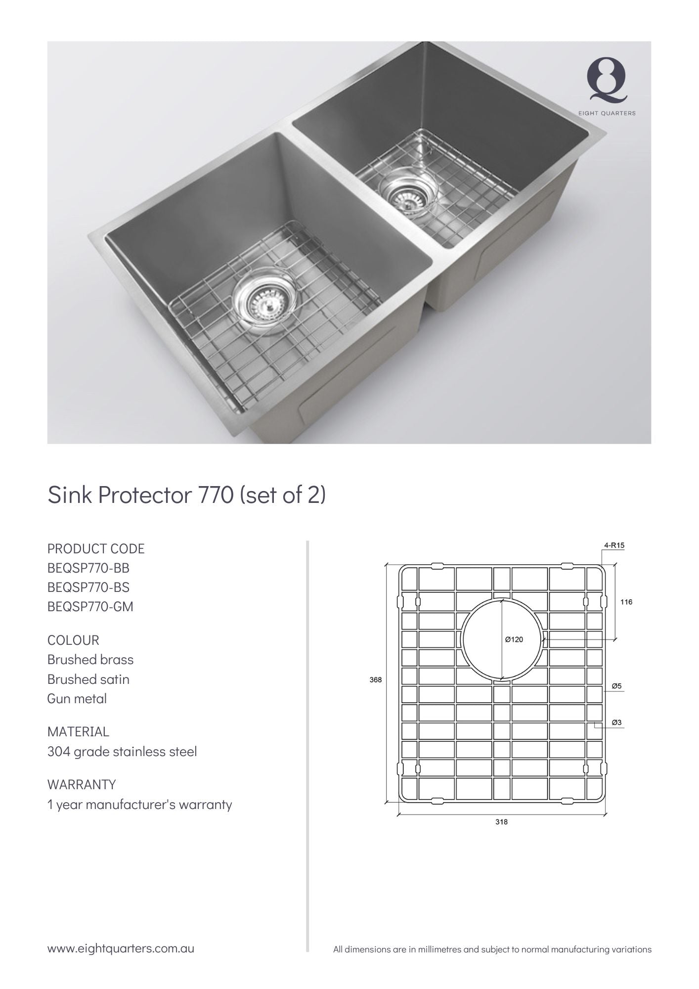 Eight Quarters Sink Protector 770 Set - Brushed Satin Spec Sheet