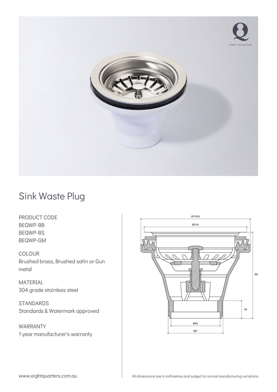 Eight Quarters Sink Waste Plug - Brushed Brass