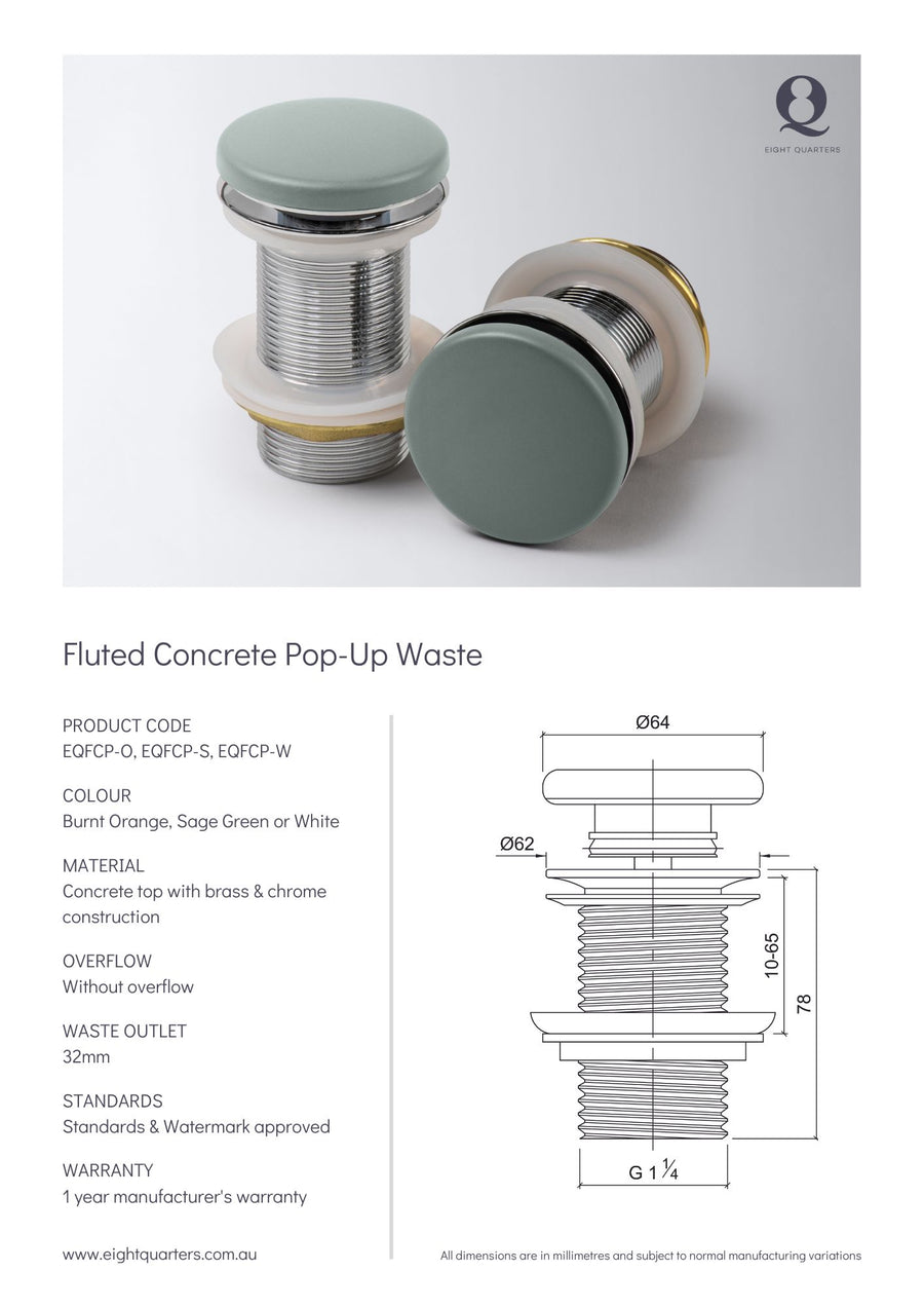 Eight Quarters Fluted Concrete White Pop Up Waste