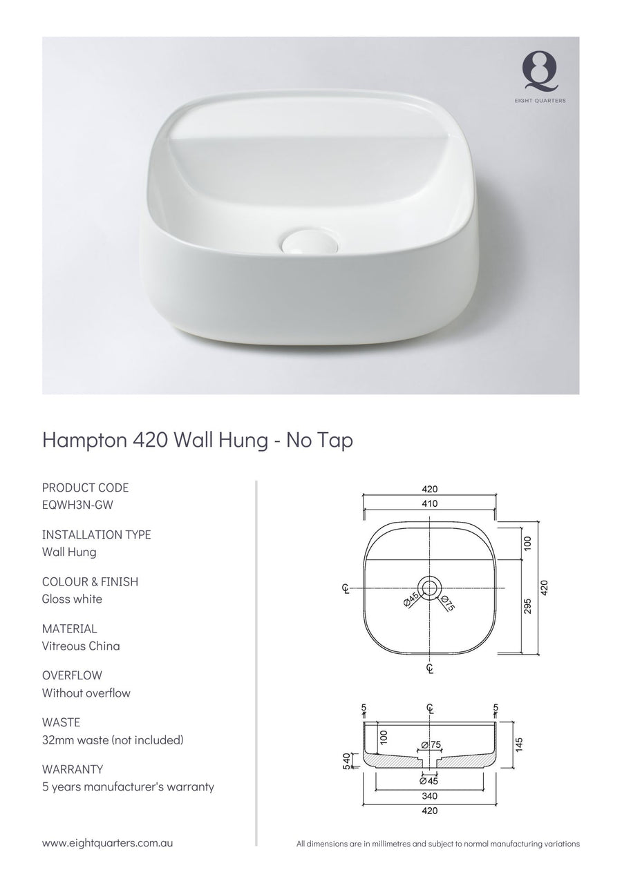 Eight Quarters basins - Hampton 420 Wall Hung