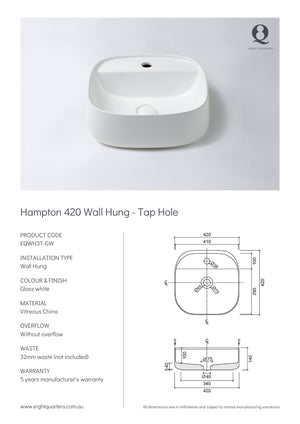 Eight Quarters basins - Hampton 420 Wall Hung 