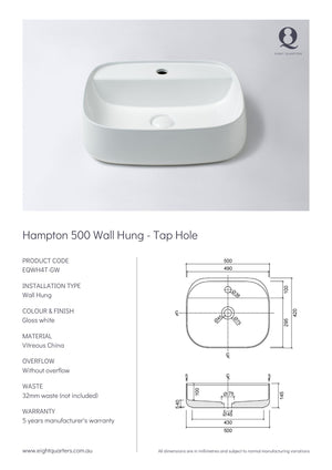 Eight Quarters basins - Hampton 500 Wall Hung 