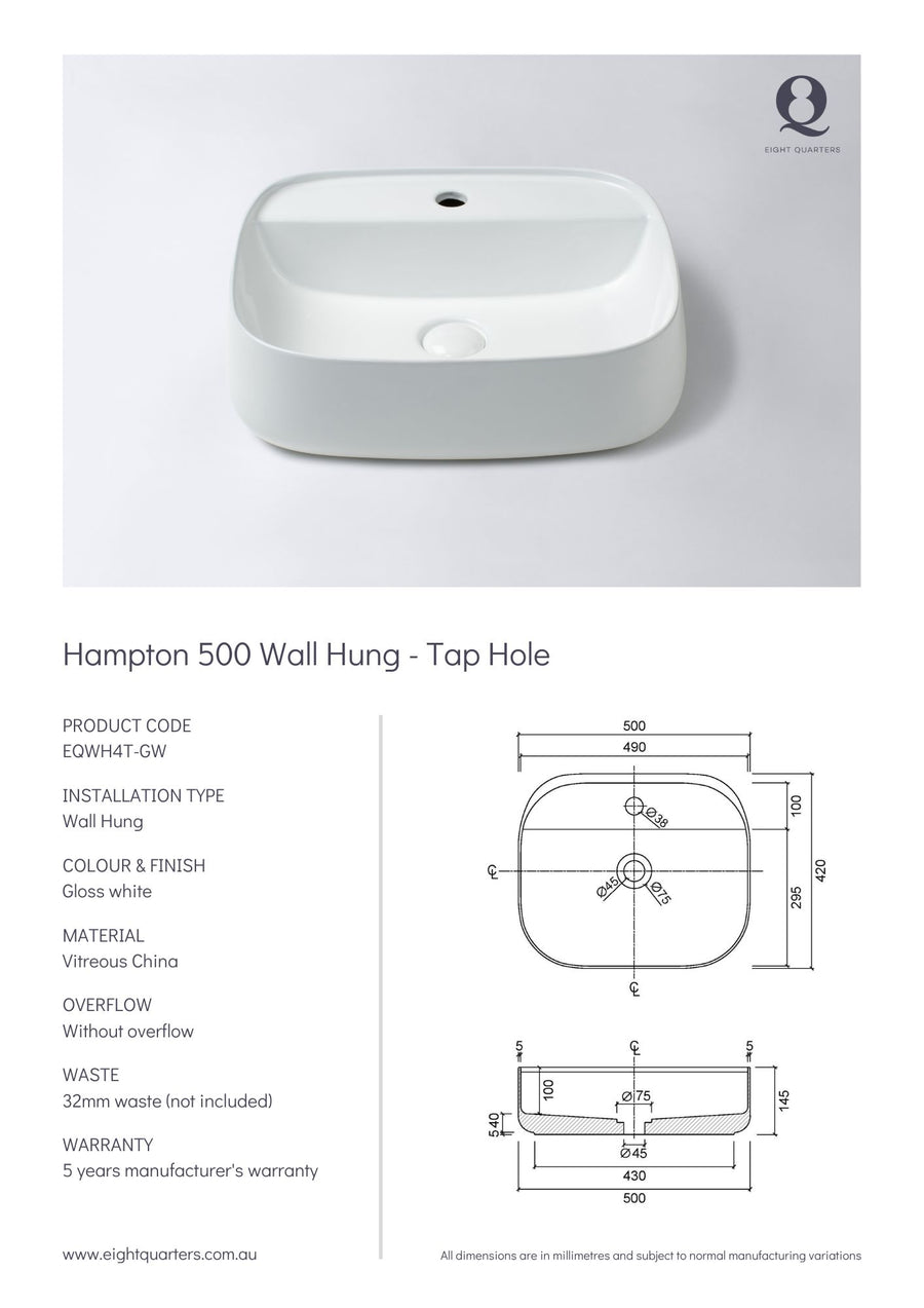 Eight Quarters basins - Hampton 500 Wall Hung