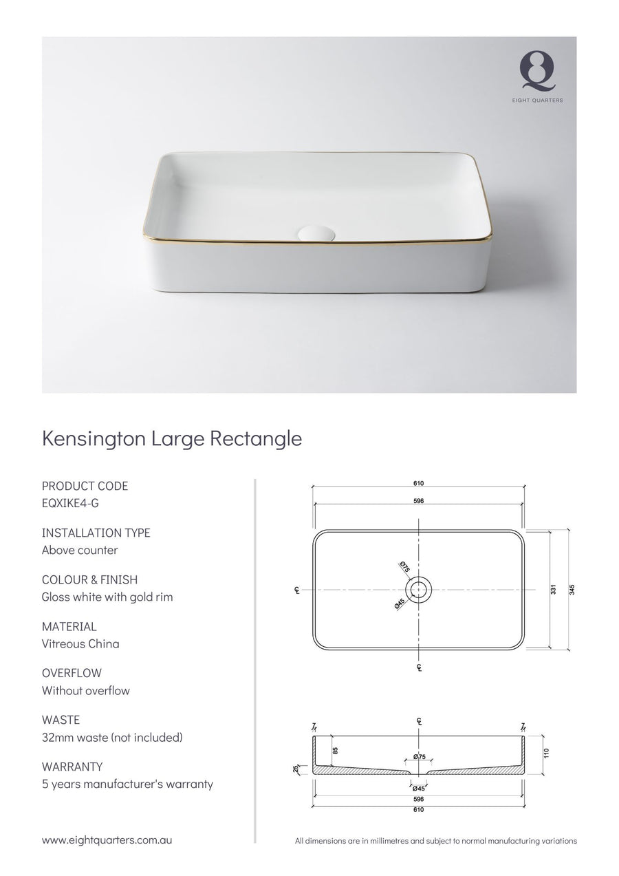 Eight Quarters Wash Basin - Kensington Large Rectangle Gold