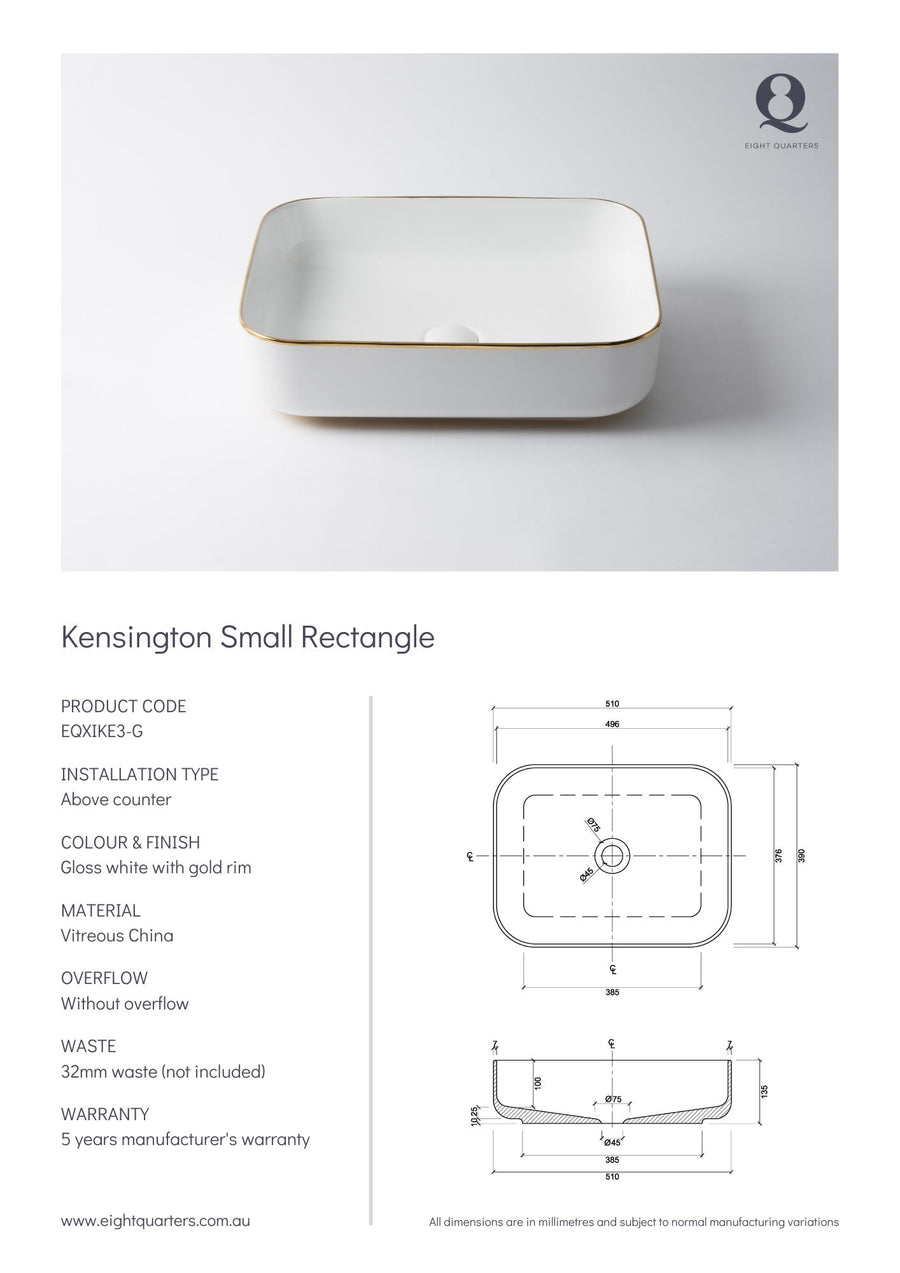 Eight Quarters Wash Basin - Kensington Small Rectangle Gold