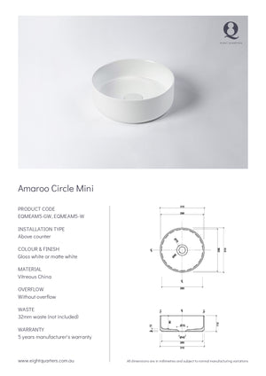 Eight Quarters Basins - Amaroo Circle Mini Specifications
