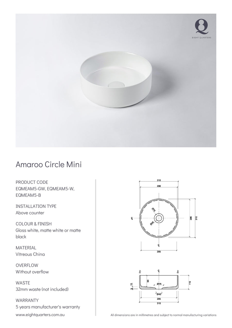 Eight Quarters Basins - Amaroo Circle Mini Matte White