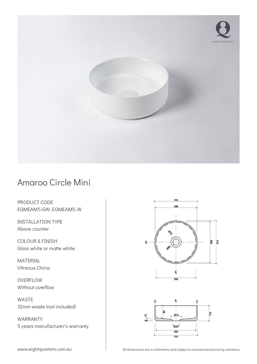 Eight Quarters Basins - Amaroo Circle Mini Gloss White