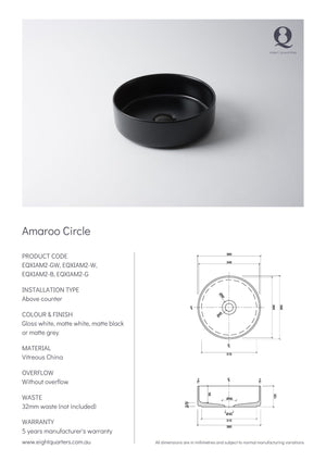 Eight Quarters Amaroo Circle Basin Specifications