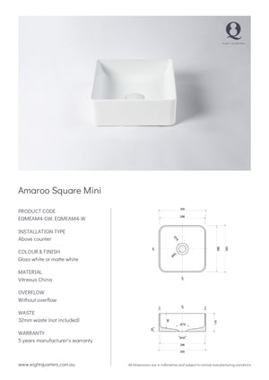 Eight Quarters Basins - Amaroo Square Mini Specifications