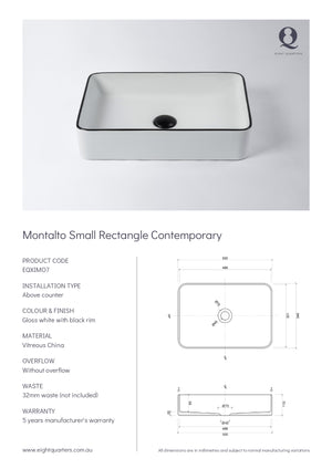 Eight Quarters Basins - Montalto Small Rectangle Contemporary Specifications
