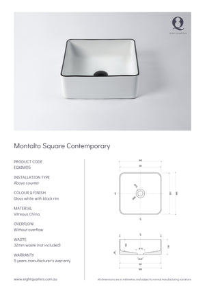 Eight Quarters Basins - Montalto Square Contemporary Specifications