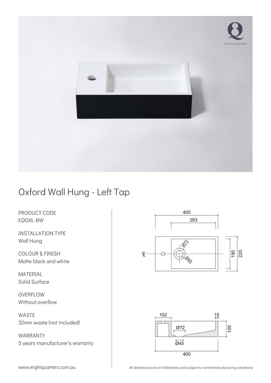 Eight Quarters Oxford Wall Hung - Left Tap