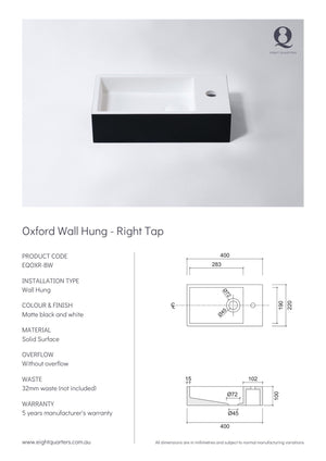 Eight Quarters Oxford Wall Hung - Right Tap Specifications