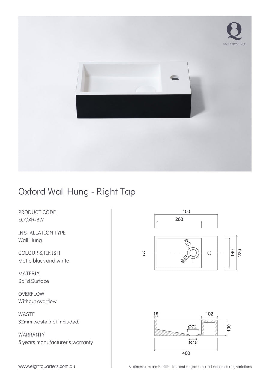 Eight Quarters Oxford Wall Hung - Right Tap