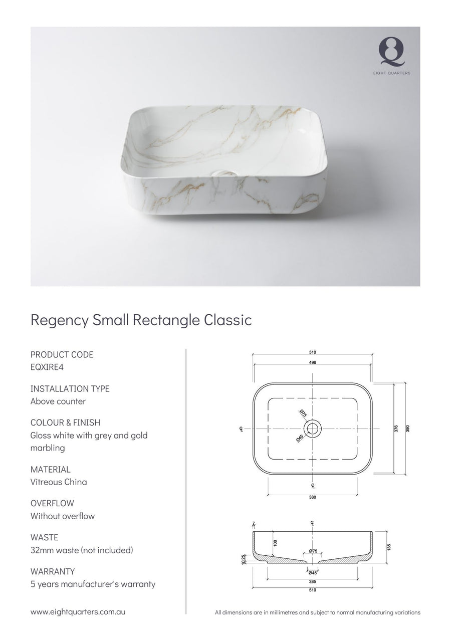 Eight Quarters Wash Basin - Regency Small Rectangle Classic