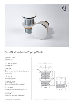Eight Quarters Pop Up Waste Solid Surface Specifications