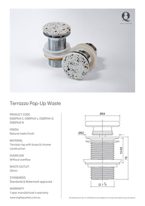 Eight Quarters Terrazzo Pop Up Waste Siena Specifications