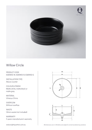 Eight Quarters Wash Basin - Willow Circle Specifications 