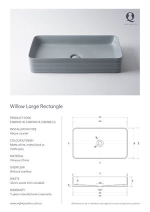 Eight Quarters Wash Basin - Willow Large Rectangle Specifications