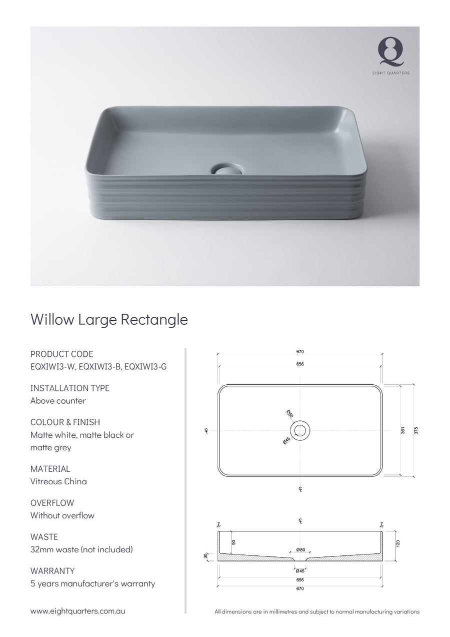 Eight Quarters Wash Basin - Willow Large Rectangle White