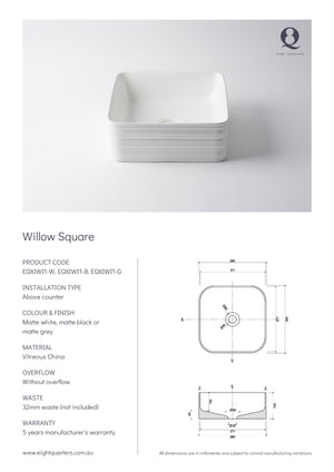 Eight Quarters Wash Basin - Willow Square Specifications